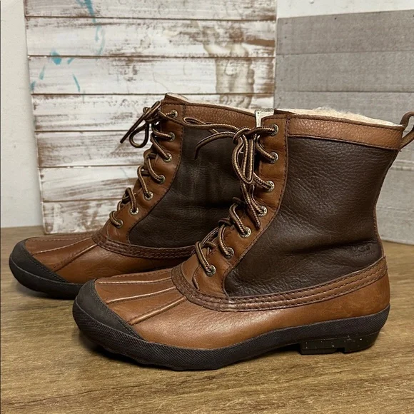 BFS🖤Ugg great shape Goldeneye brown tan smooth leather lace up duck booties boot - Picture 7 of 11
